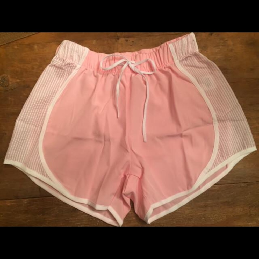 Pink seersucker running shorts
